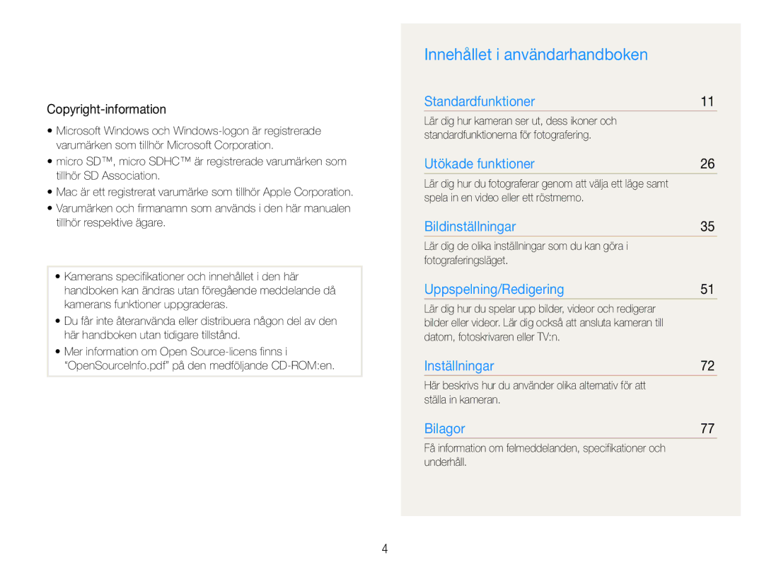 Samsung EC-ST30ZZBPSE2, EC-ST30ZZBPEE2, EC-ST30ZZBPPE2, EC-ST30ZZBPBE2 Innehållet i användarhandboken, Copyright-information 