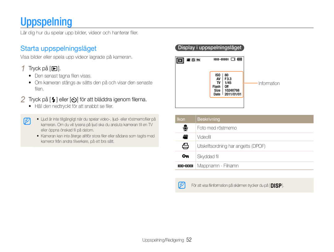 Samsung EC-ST30ZZBPSE2 manual Uppspelning, Starta uppspelningsläget, Tryck på eller för att bläddra igenom filerna 