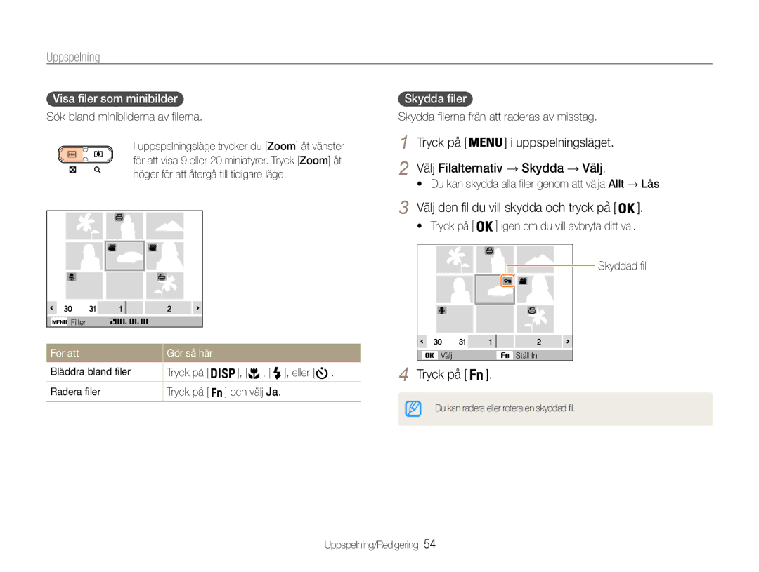 Samsung EC-ST30ZZBPPE2 manual Visa filer som minibilder, Skydda filer, Du kan skydda alla filer genom att välja Allt → Lås 