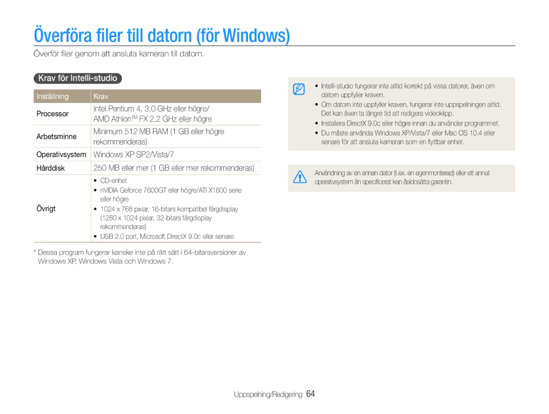 Samsung EC-ST30ZZBPSE2, EC-ST30ZZBPEE2 Överföra filer till datorn för Windows, Krav för Intelli-studio, Inställning Krav 