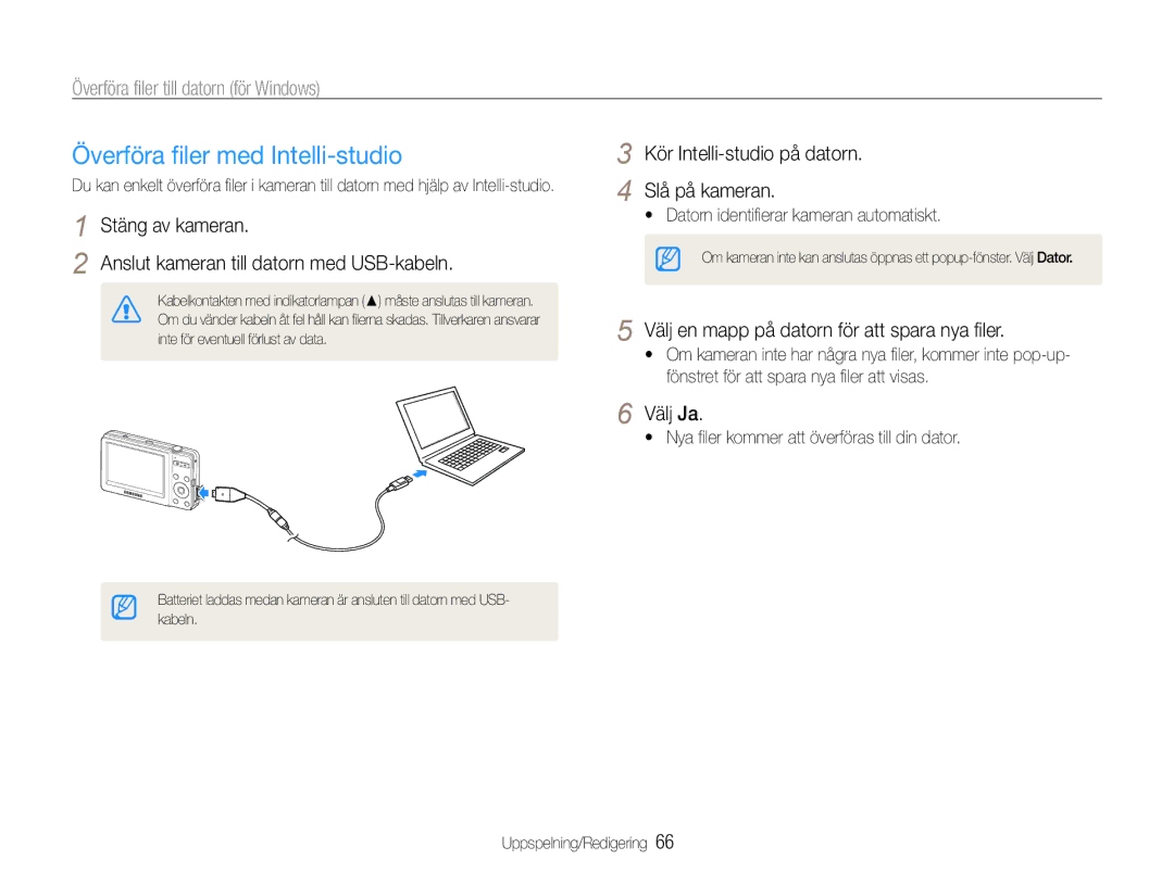 Samsung EC-ST30ZZBPPE2 manual Överföra filer med Intelli-studio, Stäng av kameran Anslut kameran till datorn med USB-kabeln 