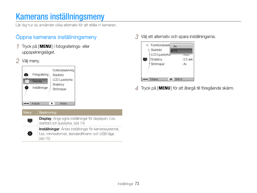 Samsung EC-ST30ZZBPBE2 manual Kamerans inställningsmeny, Öppna kamerans inställningsmeny, Välj meny, Inställningar 