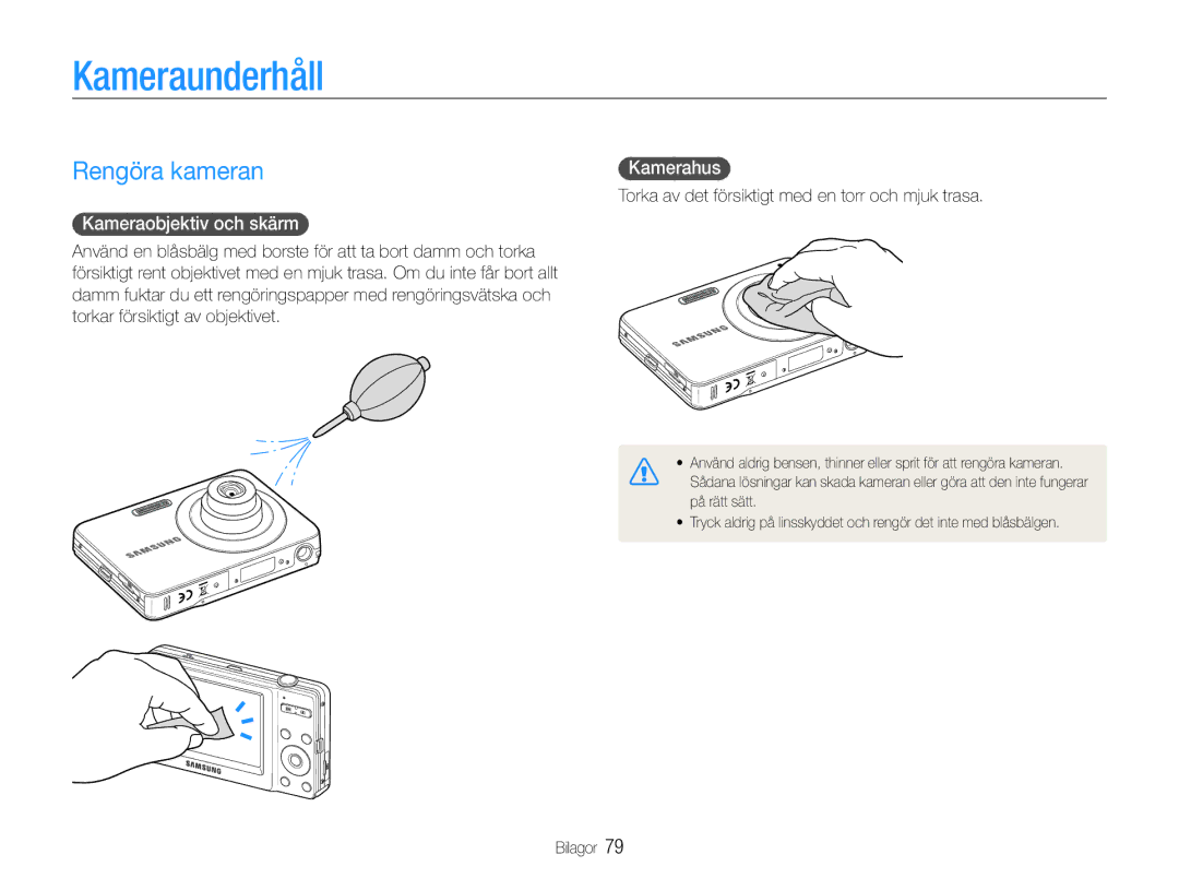 Samsung EC-ST30ZZBPBE2, EC-ST30ZZBPEE2 manual Kameraunderhåll, Rengöra kameran, Kameraobjektiv och skärm, Kamerahus 