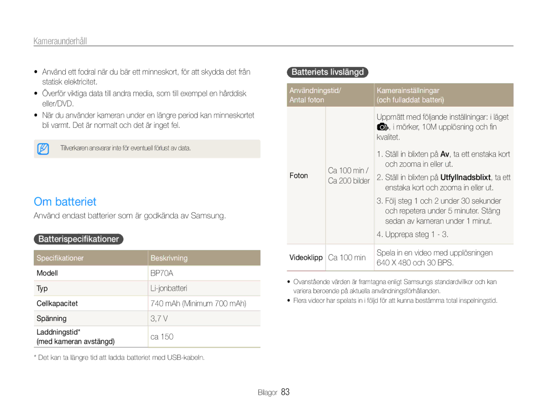 Samsung EC-ST30ZZBPEE2, EC-ST30ZZBPPE2, EC-ST30ZZBPBE2 manual Om batteriet, Batterispecifikationer, Batteriets livslängd 