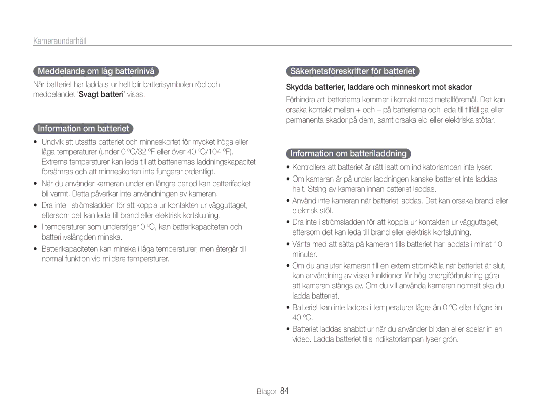 Samsung EC-ST30ZZBPPE2 manual Meddelande om låg batterinivå, Information om batteriet, Säkerhetsföreskrifter för batteriet 