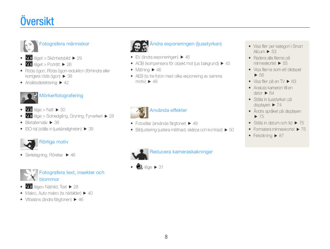 Samsung EC-ST30ZZBPLE2, EC-ST30ZZBPEE2, EC-ST30ZZBPPE2, EC-ST30ZZBPBE2, EC-ST30ZZBPRE2 manual Översikt, Fotografera människor 