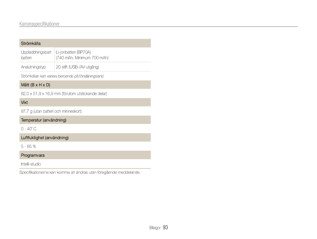 Samsung EC-ST30ZZBPRE2, EC-ST30ZZBPEE2, EC-ST30ZZBPPE2, EC-ST30ZZBPBE2, EC-ST30ZZBPLE2 manual Strömkälla, Li-jonbatteri BP70A 