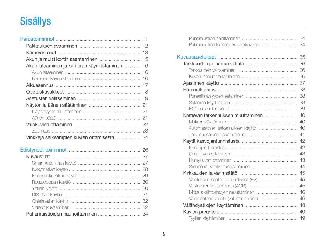 Samsung EC-ST30ZZBPRE2, EC-ST30ZZBPEE2, EC-ST30ZZBPPE2, EC-ST30ZZBPBE2, EC-ST30ZZBPLE2, EC-ST30ZZBPSE2 manual Sisällys 