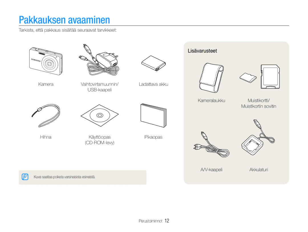 Samsung EC-ST30ZZBPPE2, EC-ST30ZZBPEE2, EC-ST30ZZBPBE2, EC-ST30ZZBPLE2, EC-ST30ZZBPRE2 Pakkauksen avaaminen, Lisävarusteet 