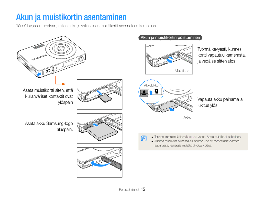 Samsung EC-ST30ZZBPRE2, EC-ST30ZZBPEE2 Akun ja muistikortin asentaminen, Lukitus ylös, Akun ja muistikortin poistaminen 