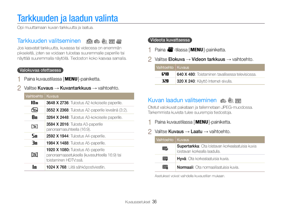 Samsung EC-ST30ZZBPPE2, EC-ST30ZZBPEE2 Tarkkuuden ja laadun valinta, Tarkkuuden valitseminen, Kuvan laadun valitseminen 