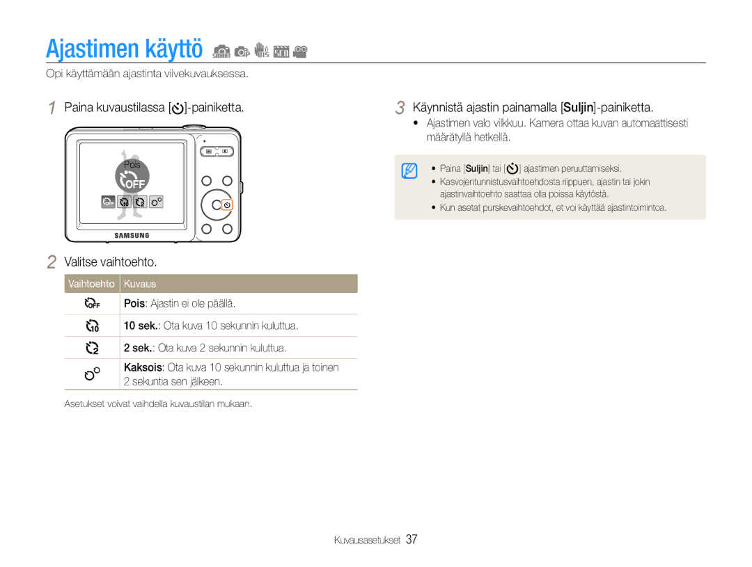 Samsung EC-ST30ZZBPBE2 Ajastimen käyttö, Paina kuvaustilassa -painiketta, Käynnistä ajastin painamalla Suljin-painiketta 