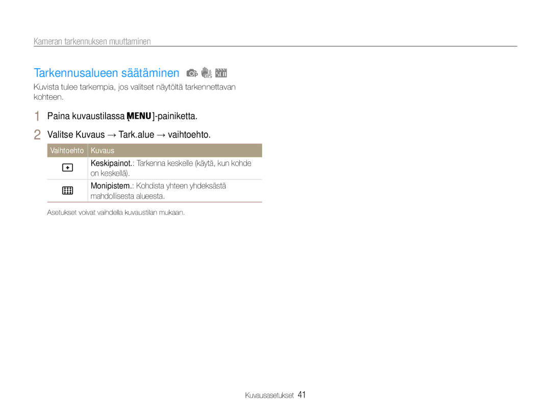 Samsung EC-ST30ZZBPEE2, EC-ST30ZZBPPE2, EC-ST30ZZBPBE2 manual Tarkennusalueen säätäminen, Kameran tarkennuksen muuttaminen 