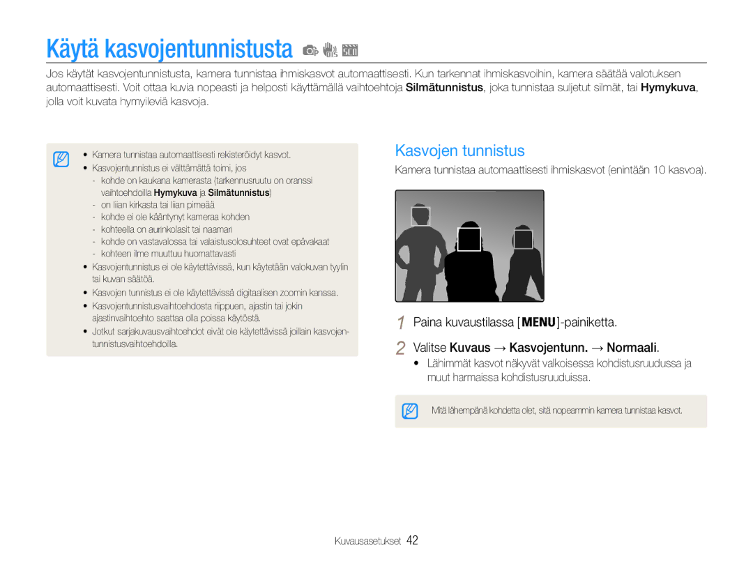 Samsung EC-ST30ZZBPPE2 manual Käytä kasvojentunnistusta, Kasvojen tunnistus, Valitse Kuvaus → Kasvojentunn. → Normaali 