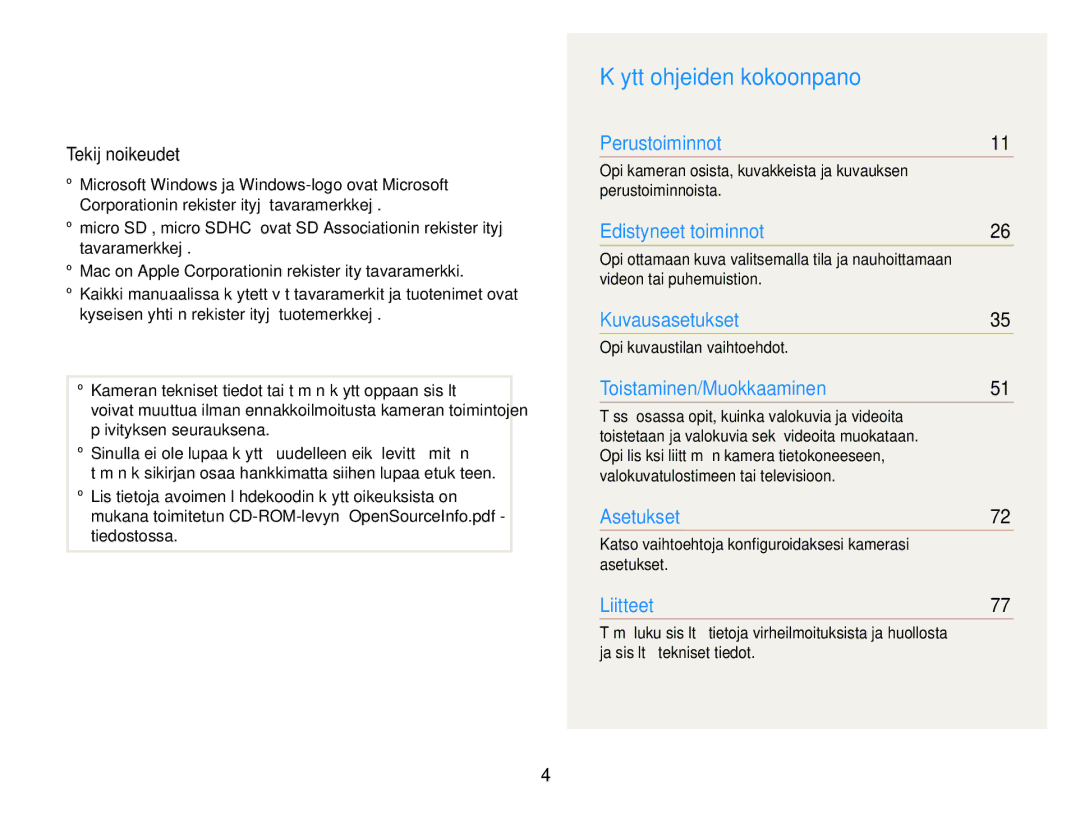 Samsung EC-ST30ZZBPSE2, EC-ST30ZZBPEE2, EC-ST30ZZBPPE2, EC-ST30ZZBPBE2 manual Käyttöohjeiden kokoonpano, Tekijänoikeudet 