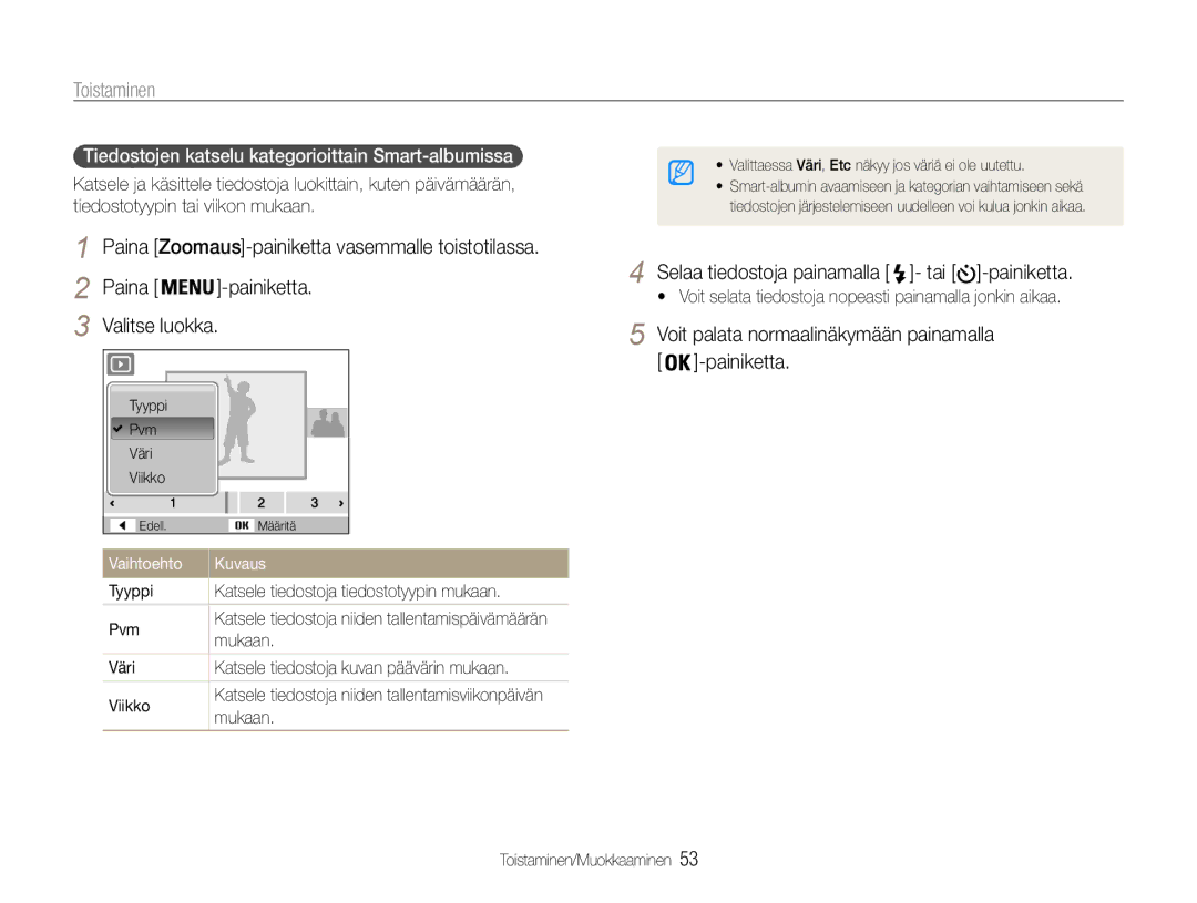 Samsung EC-ST30ZZBPEE2, EC-ST30ZZBPPE2, EC-ST30ZZBPBE2 Toistaminen, Voit palata normaalinäkymään painamalla -painiketta 