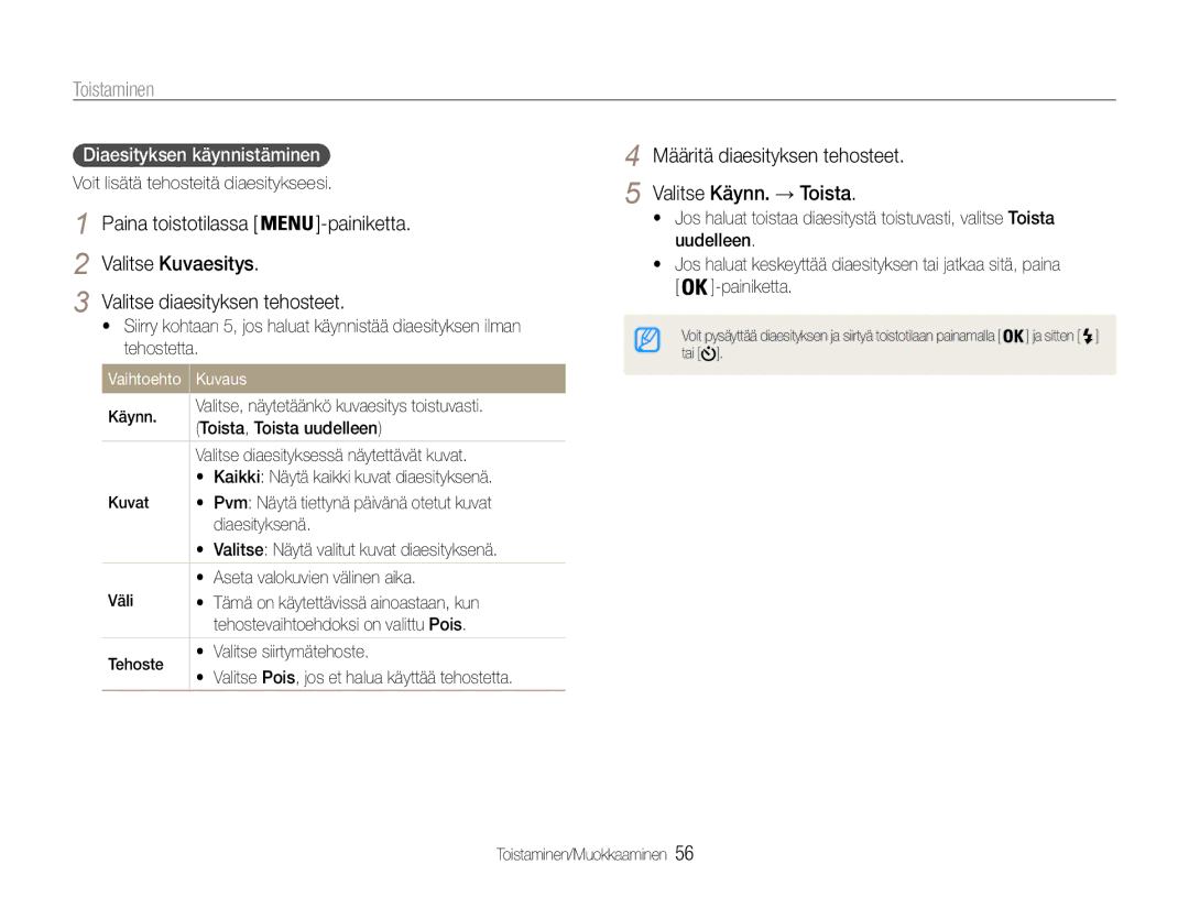 Samsung EC-ST30ZZBPLE2, EC-ST30ZZBPEE2 manual Valitse Kuvaesitys Valitse diaesityksen tehosteet, Diaesityksen käynnistäminen 