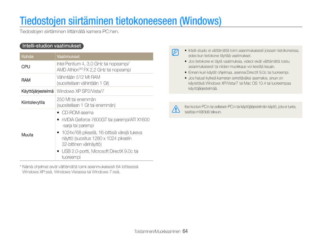 Samsung EC-ST30ZZBPSE2 Tiedostojen siirtäminen tietokoneeseen Windows, Intelli-studion vaatimukset, Kohde Vaatimukset 