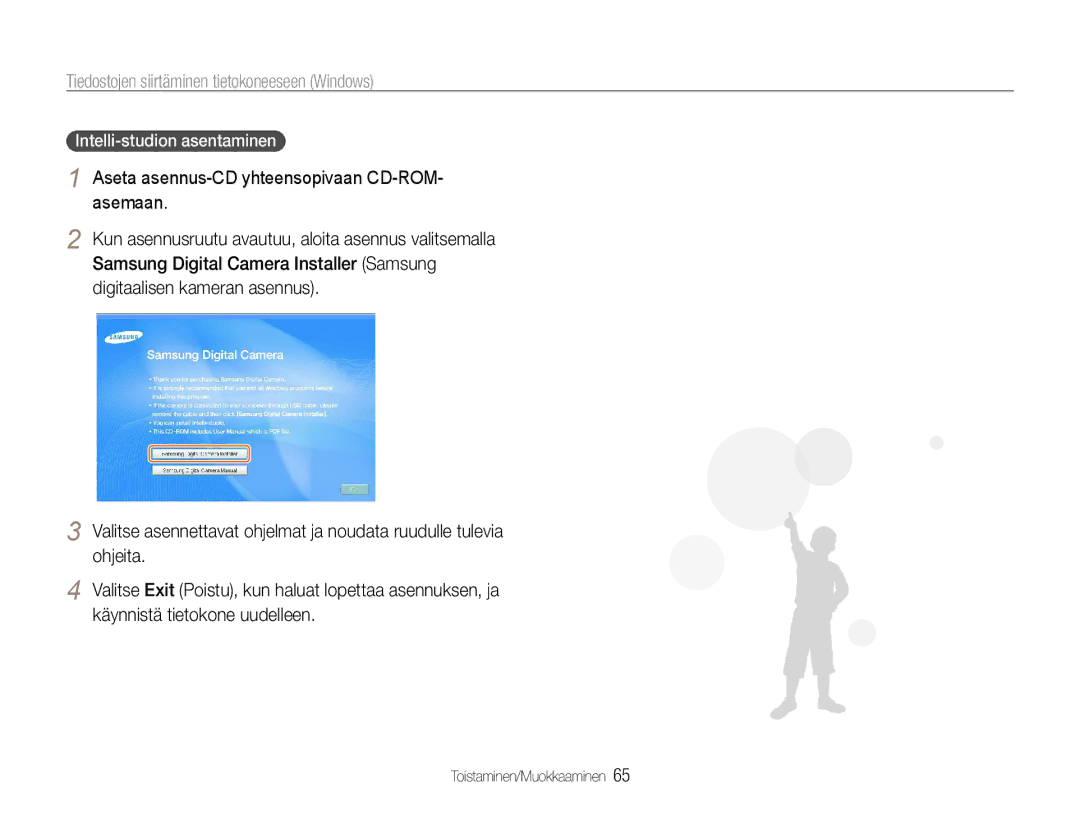 Samsung EC-ST30ZZBPEE2, EC-ST30ZZBPPE2 manual Tiedostojen siirtäminen tietokoneeseen Windows, Intelli-studion asentaminen 
