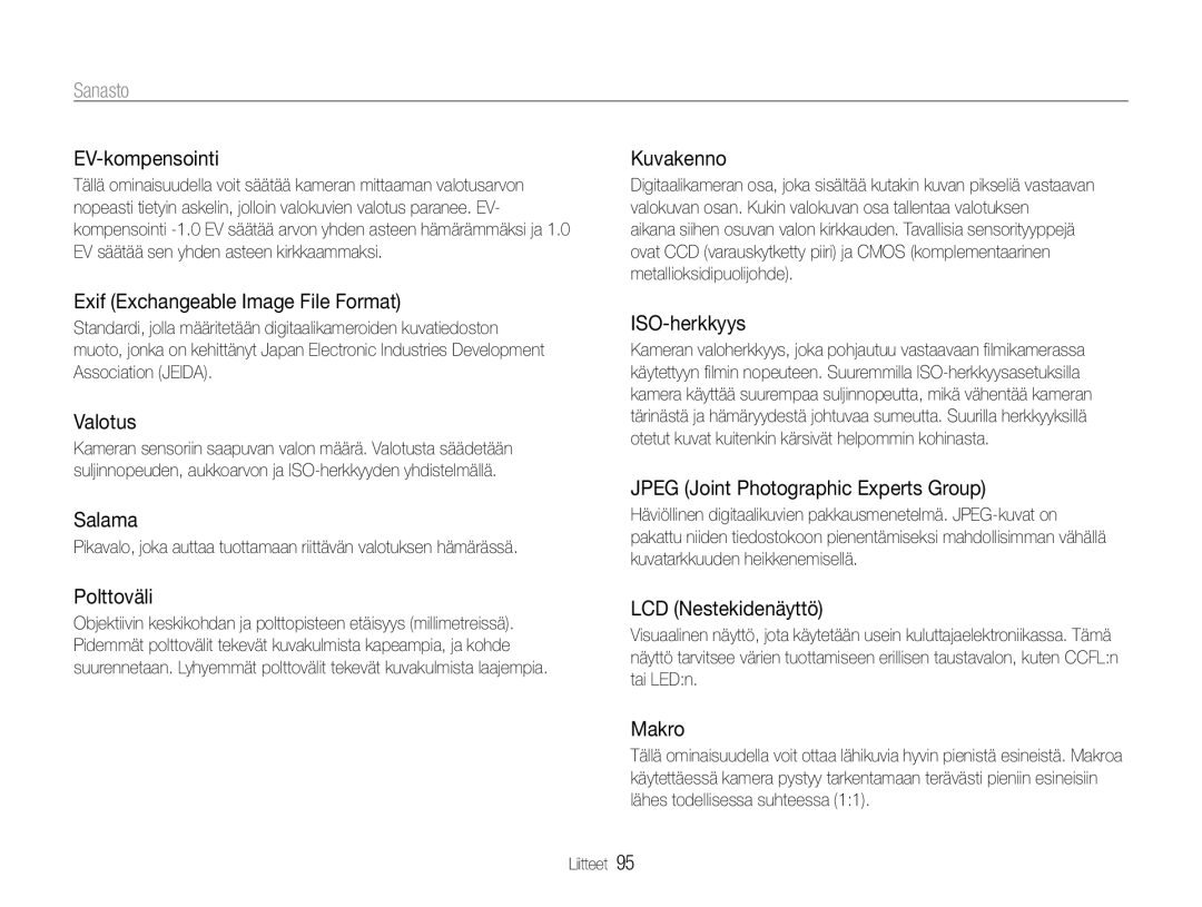 Samsung EC-ST30ZZBPEE2, EC-ST30ZZBPPE2, EC-ST30ZZBPBE2, EC-ST30ZZBPLE2, EC-ST30ZZBPRE2, EC-ST30ZZBPSE2 manual Sanasto 