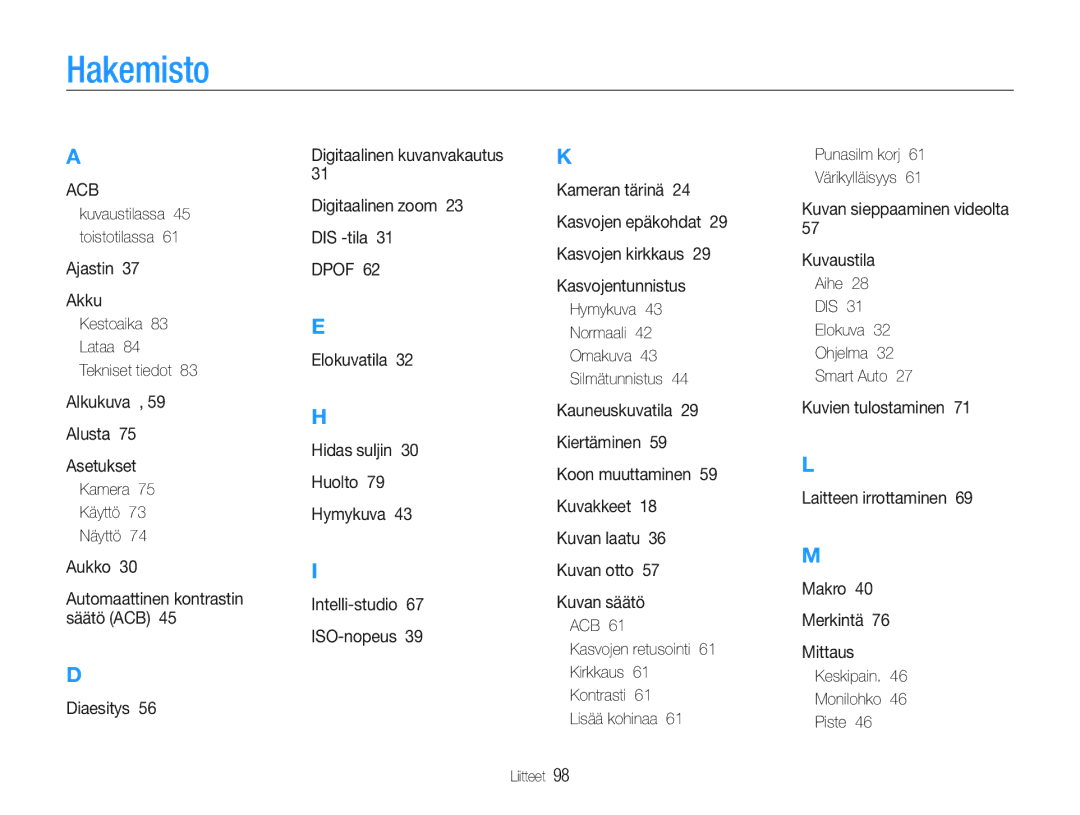 Samsung EC-ST30ZZBPLE2, EC-ST30ZZBPEE2, EC-ST30ZZBPPE2, EC-ST30ZZBPBE2, EC-ST30ZZBPRE2, EC-ST30ZZBPSE2 manual Hakemisto 