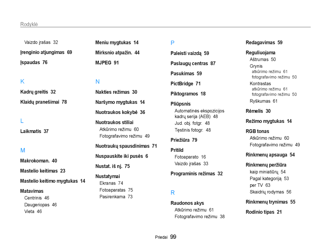 Samsung EC-ST30ZZBPEE2, EC-ST30ZZBPPE2, EC-ST30ZZBPBE2, EC-ST30ZZBPRE2, EC-ST30ZZBPSE2 manual Rodyklė 