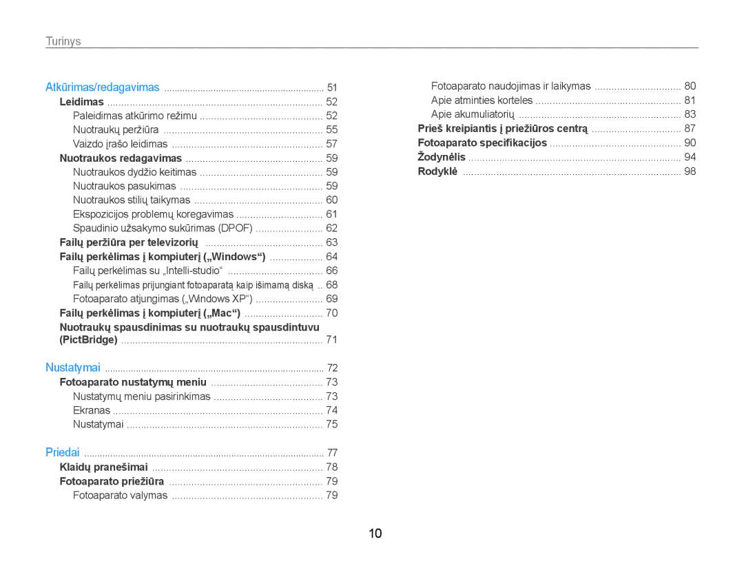 Samsung EC-ST30ZZBPPE2, EC-ST30ZZBPEE2, EC-ST30ZZBPBE2, EC-ST30ZZBPRE2 manual Turinys, Failų perkėlimas į kompiuterį „Windows 