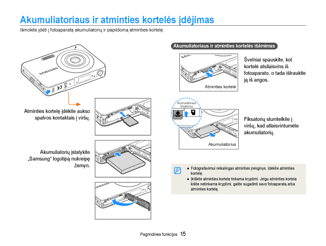 Samsung EC-ST30ZZBPPE2 Akumuliatoriaus ir atminties kortelės įdėjimas, Akumuliatoriaus ir atminties kortelės išėmimas 