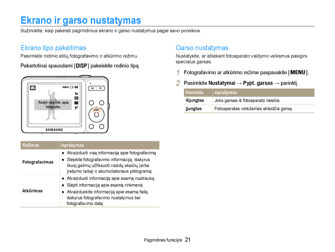 Samsung EC-ST30ZZBPBE2, EC-ST30ZZBPEE2, EC-ST30ZZBPPE2 Ekrano ir garso nustatymas, Ekrano tipo pakeitimas, Garso nustatymas 