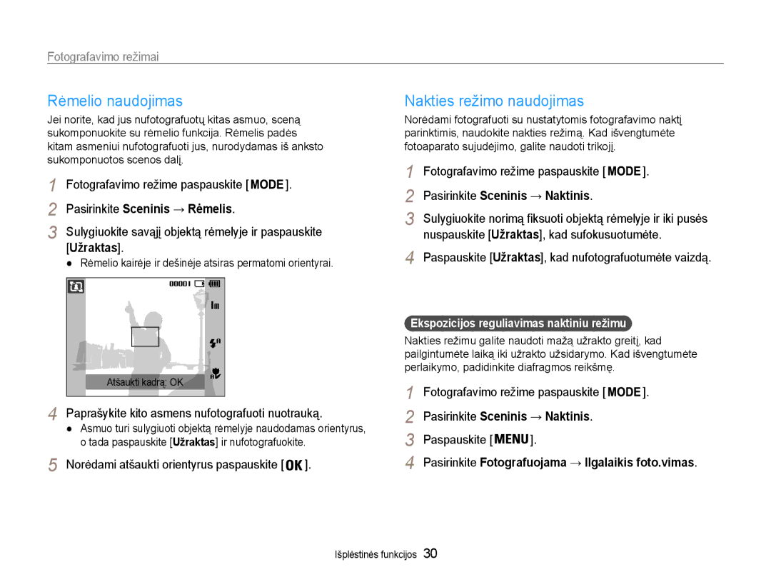 Samsung EC-ST30ZZBPPE2 manual Rėmelio naudojimas, Nakties režimo naudojimas, Pasirinkite Sceninis → Rėmelis, Užraktas 