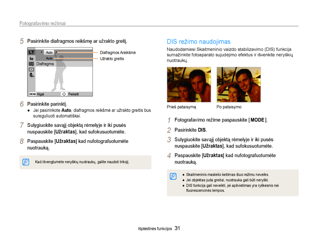 Samsung EC-ST30ZZBPBE2, EC-ST30ZZBPEE2, EC-ST30ZZBPPE2, EC-ST30ZZBPRE2, EC-ST30ZZBPSE2 manual DIS režimo naudojimas 