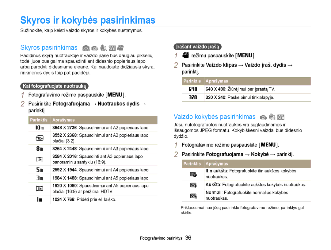 Samsung EC-ST30ZZBPBE2 manual Skyros ir kokybės pasirinkimas, Skyros pasirinkimas, Vaizdo kokybės pasirinkimas, Parinktį 