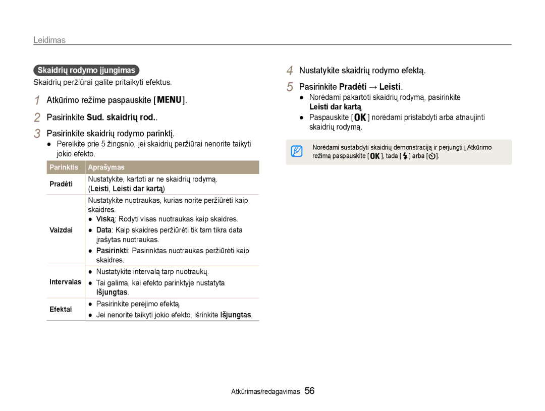 Samsung EC-ST30ZZBPBE2 Nustatykite skaidrių rodymo efektą, Pasirinkite Pradėti → Leisti, Pasirinkite Sud. skaidrių rod 