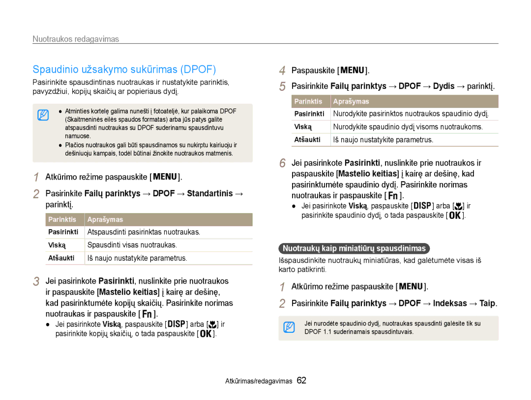 Samsung EC-ST30ZZBPRE2 manual Spaudinio užsakymo sukūrimas Dpof, Ir paspauskite Mastelio keitias į kairę ar dešinę 