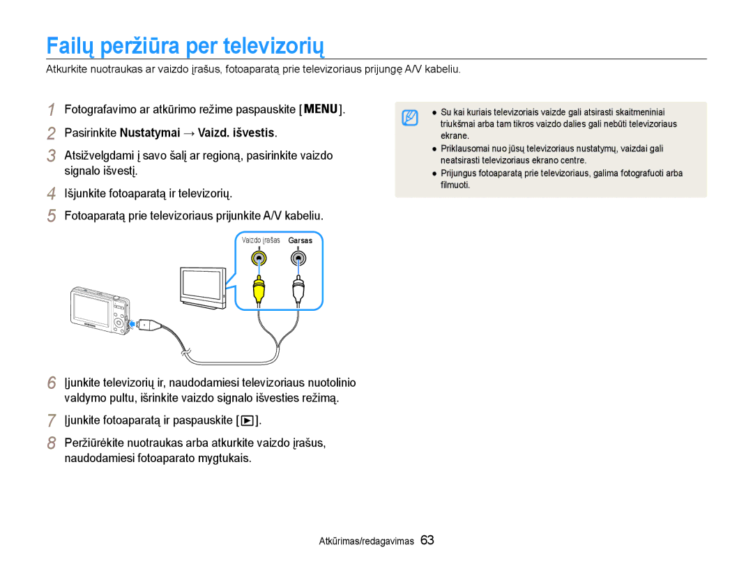 Samsung EC-ST30ZZBPSE2, EC-ST30ZZBPEE2 manual Failų peržiūra per televizorių, Fotografavimo ar atkūrimo režime paspauskite 