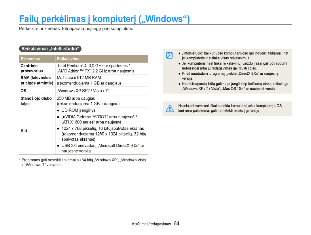 Samsung EC-ST30ZZBPEE2, EC-ST30ZZBPPE2, EC-ST30ZZBPBE2 Failų perkėlimas į kompiuterį „Windows, Reikalavimai „Intelli-studio 