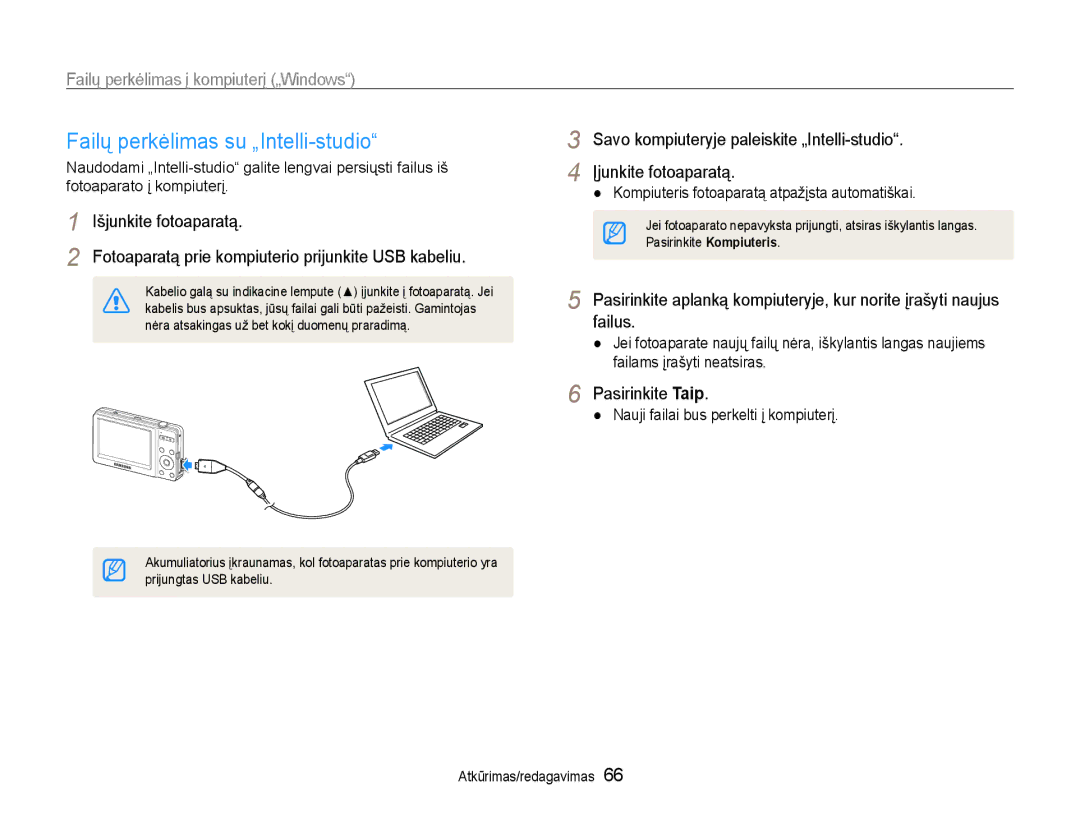 Samsung EC-ST30ZZBPBE2, EC-ST30ZZBPEE2 Failų perkėlimas su „Intelli-studio, Kompiuteris fotoaparatą atpažįsta automatiškai 