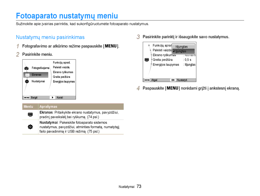 Samsung EC-ST30ZZBPSE2, EC-ST30ZZBPEE2, EC-ST30ZZBPPE2 manual Fotoaparato nustatymų meniu, Nustatymų meniu pasirinkimas 