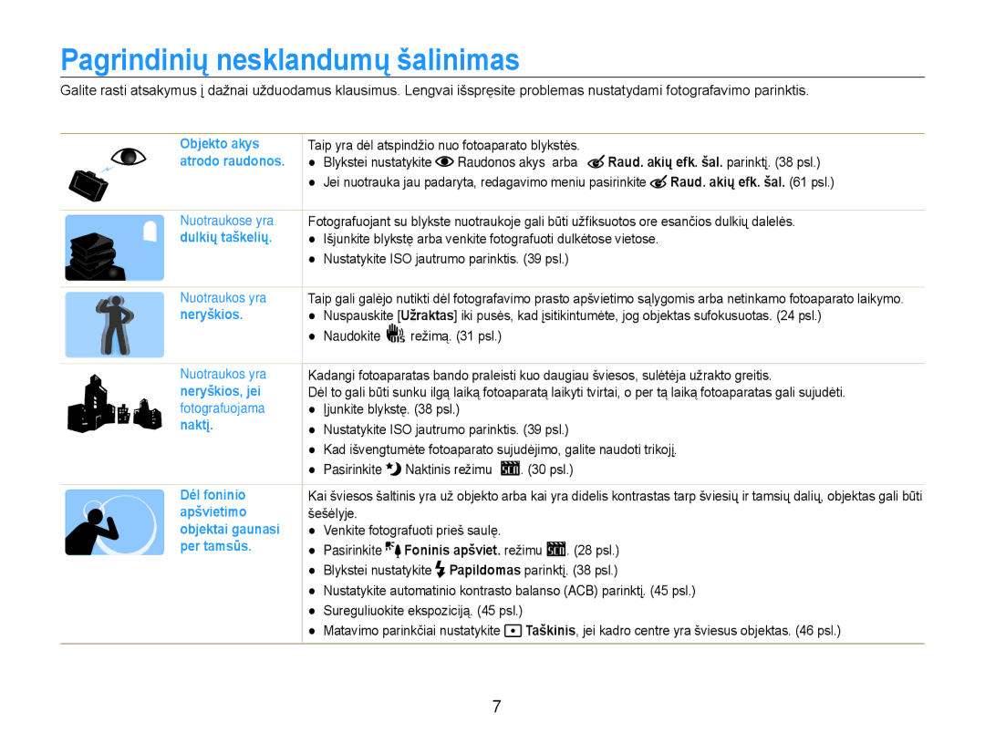 Samsung EC-ST30ZZBPRE2 manual Pagrindinių nesklandumų šalinimas, Raudonos akys arba Raud. akių efk. šal. parinktį psl 