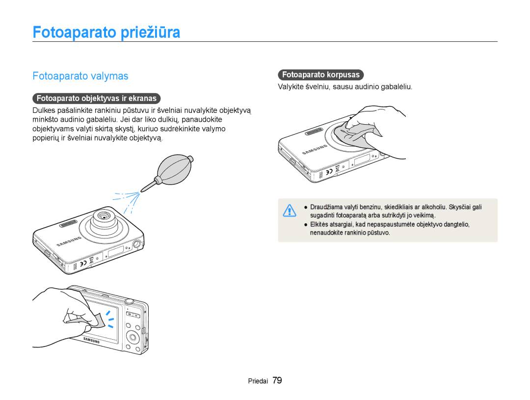 Samsung EC-ST30ZZBPEE2 Fotoaparato priežiūra, Fotoaparato valymas, Fotoaparato objektyvas ir ekranas, Fotoaparato korpusas 