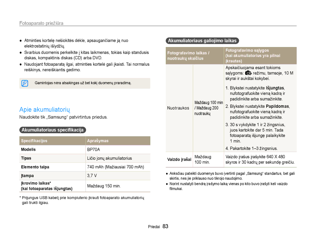 Samsung EC-ST30ZZBPSE2 manual Apie akumuliatorių, Akumuliatoriaus specifikacija, Ličio jonų akumuliatorius, Maždaug 150 min 