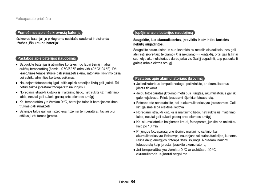 Samsung EC-ST30ZZBPEE2, EC-ST30ZZBPPE2 manual Pranešimas apie išsikrovusią bateriją, Pastabos apie baterijos naudojimą 