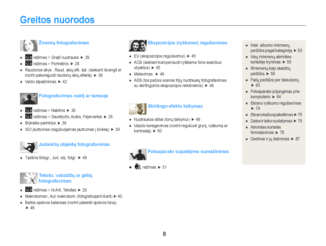 Samsung EC-ST30ZZBPSE2, EC-ST30ZZBPEE2, EC-ST30ZZBPPE2, EC-ST30ZZBPBE2 manual Greitos nuorodos, Žmonių fotografavimas 