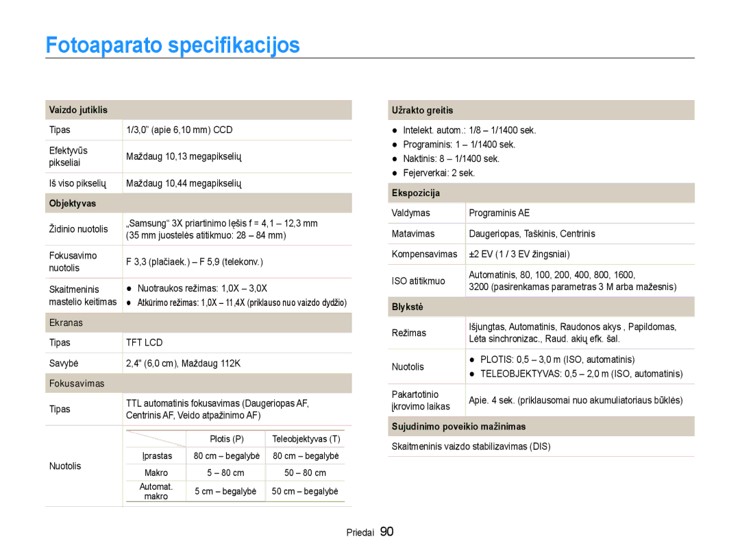 Samsung EC-ST30ZZBPPE2, EC-ST30ZZBPEE2, EC-ST30ZZBPBE2, EC-ST30ZZBPRE2, EC-ST30ZZBPSE2 manual Fotoaparato specifikacijos 