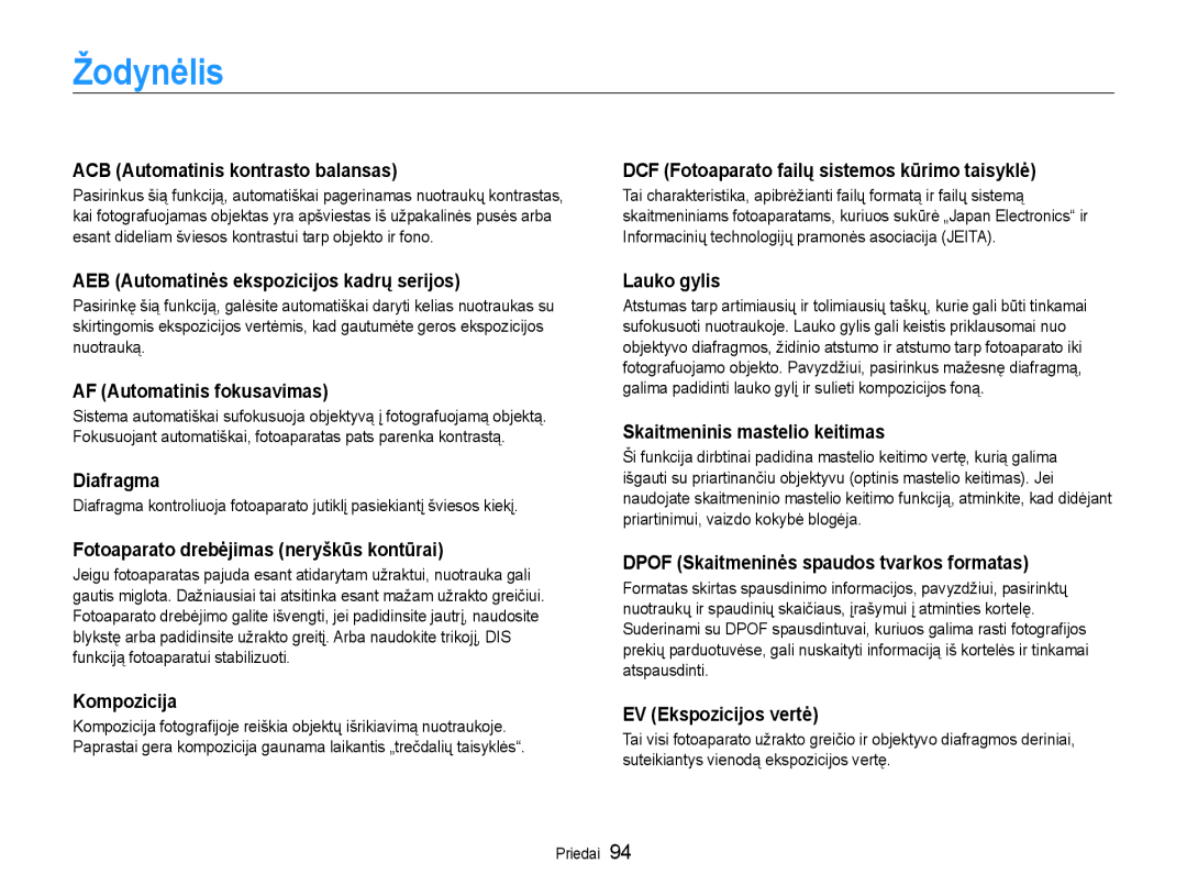 Samsung EC-ST30ZZBPEE2, EC-ST30ZZBPPE2, EC-ST30ZZBPBE2, EC-ST30ZZBPRE2, EC-ST30ZZBPSE2 manual Žodynėlis 