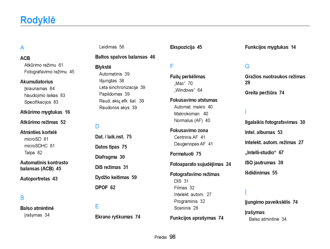 Samsung EC-ST30ZZBPSE2, EC-ST30ZZBPEE2, EC-ST30ZZBPPE2, EC-ST30ZZBPBE2, EC-ST30ZZBPRE2 manual Rodyklė 