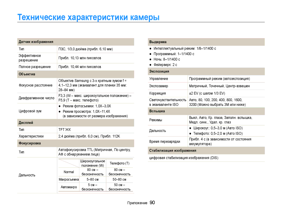 Samsung EC-ST30ZZBPPE2, EC-ST30ZZBPEE2, EC-ST30ZZBPBE2, EC-ST30ZZBPRE2, EC-ST30ZZBPSE2 manual Технические характеристики камеры 