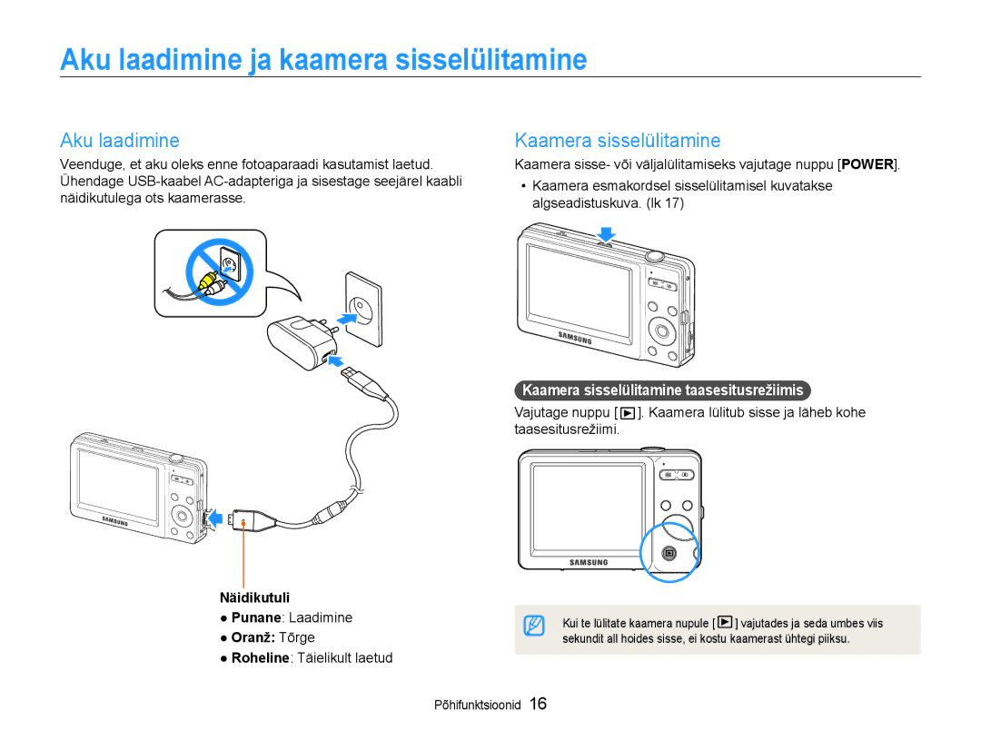 Samsung EC-ST30ZZBPBE2 Aku laadimine ja kaamera sisselülitamine, Näidikutuli, Kaamera sisselülitamine taasesitusrežiimis 