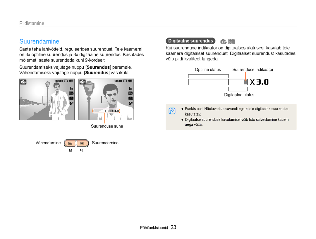 Samsung EC-ST30ZZBPSE2, EC-ST30ZZBPEE2 Pildistamine, Suurenduse suhe Vähendamine Suurendamine, Digitaalne suurendus 