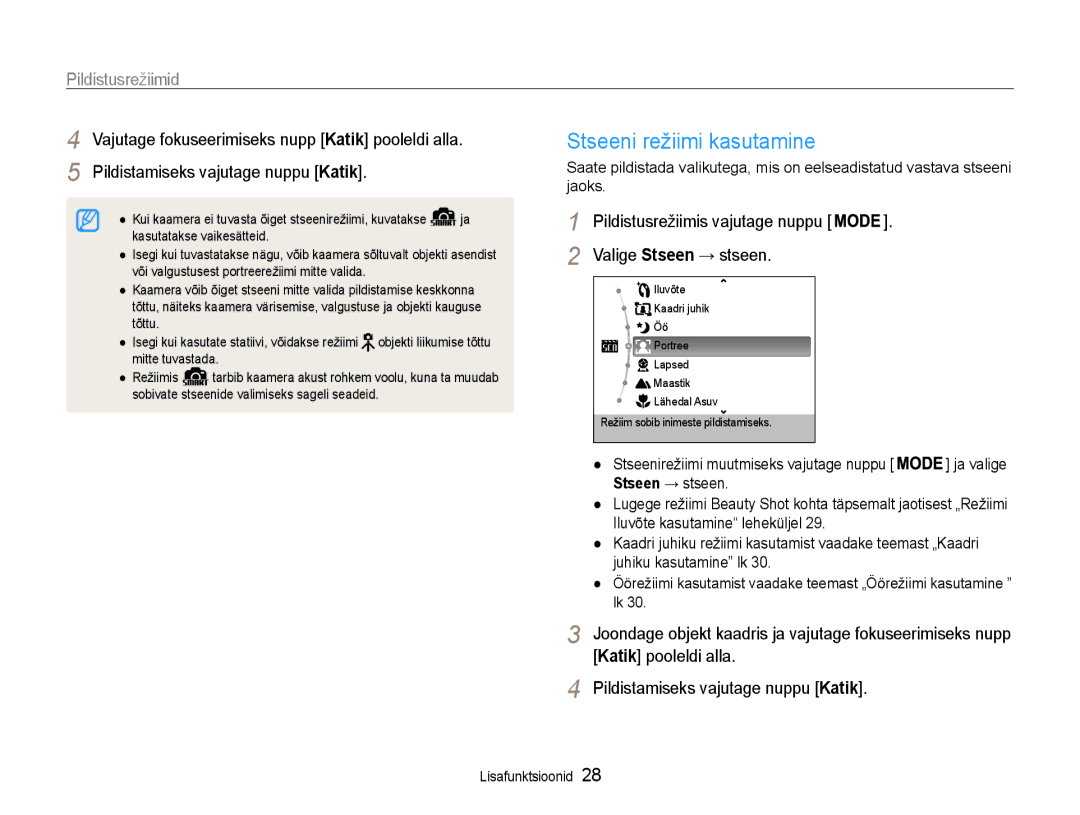 Samsung EC-ST30ZZBPSE2, EC-ST30ZZBPEE2 manual Stseeni režiimi kasutamine, Pildistusrežiimid, Valige Stseen → stseen 